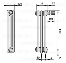 Схема (чертеж) Радиатор Zehnder Charleston 3100/3 №V002 Белый глянцевый RAL 9016